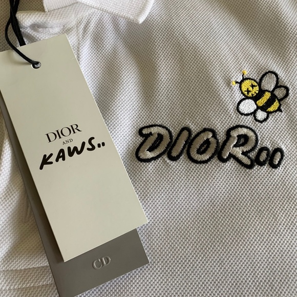 DIOR X KAWS White Bumble Bee Cotton Polo Shirt XL - Picture 3 of 5